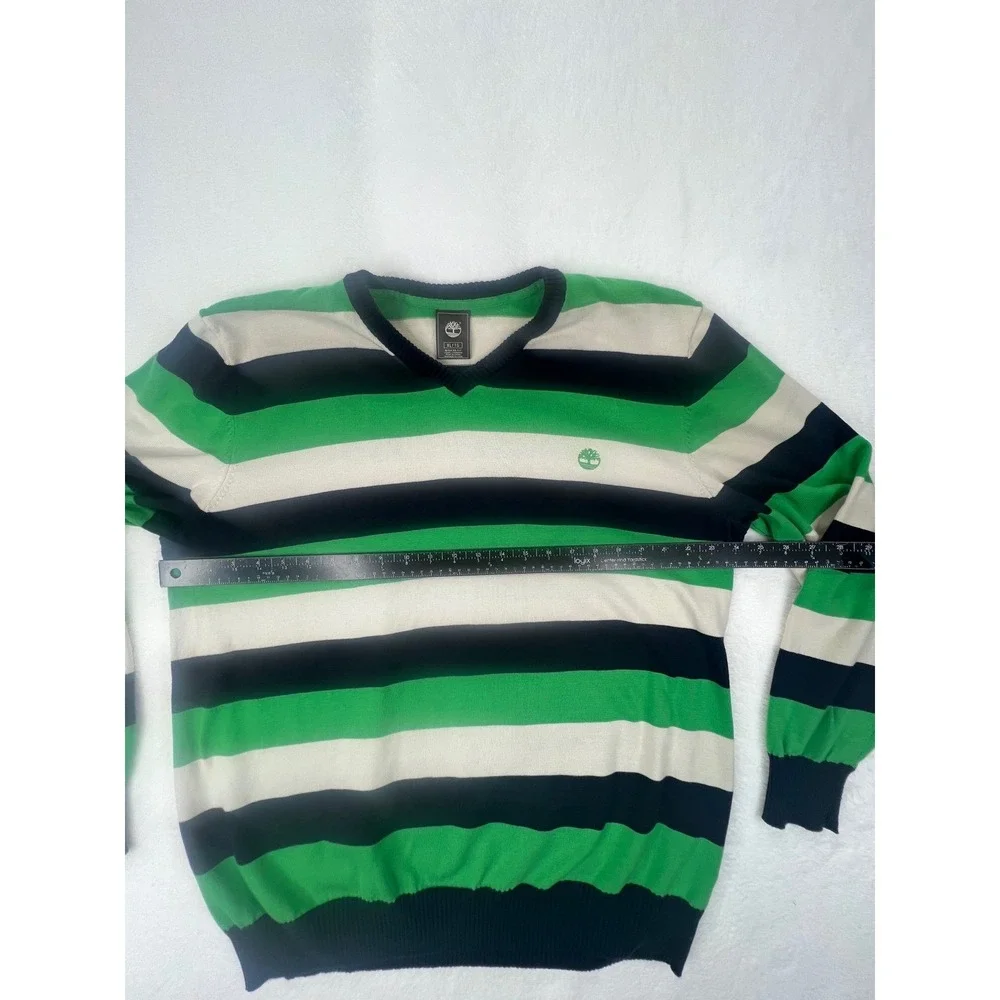 Timberland Mens V Neck Striped Sweater Green Navy Cream‎ XL Regular Fit Cotton